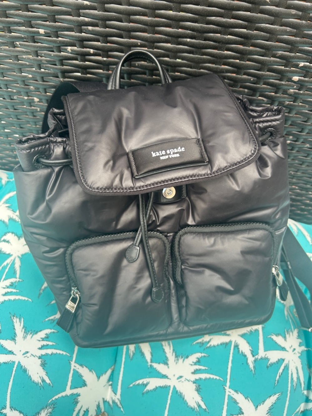 kate spade black puffer backpack with leather accents🥳🥳❌❌